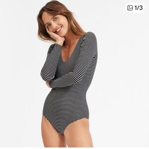 Everlane Double Lined 92% Cotton Black and White Striped Long Sleeve Bodysuit